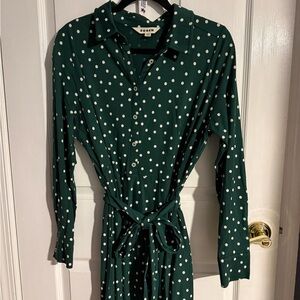 Boden Dark Green Shirt Dress with White Polka Dots